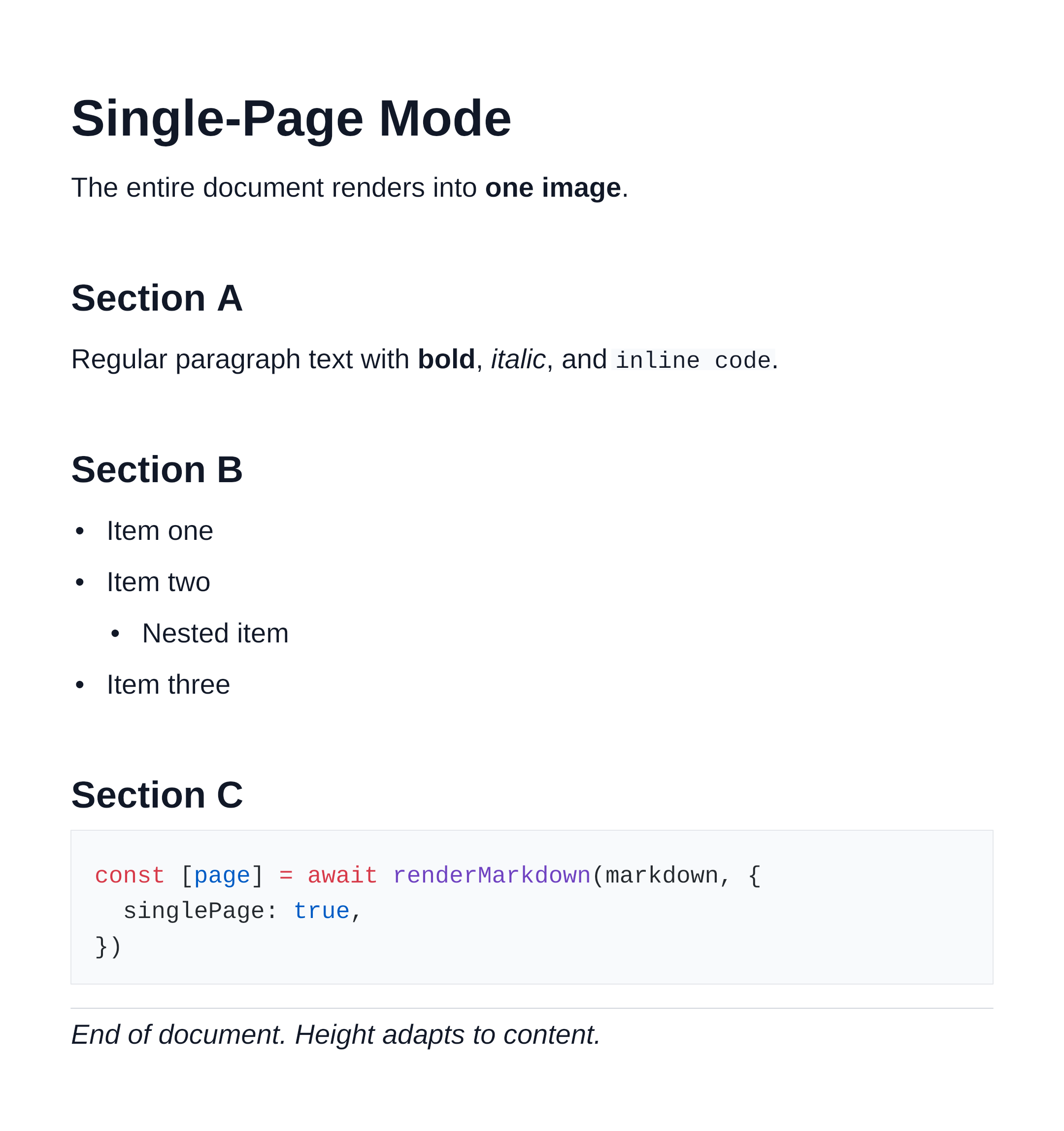 Single-page rendered output